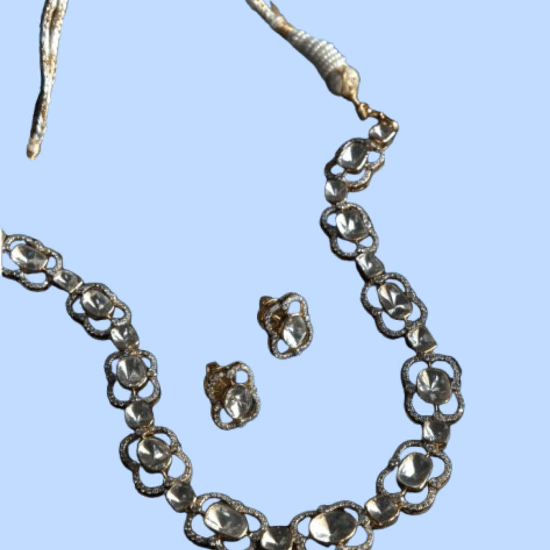 Floral Burst Polki & Round Diamond Necklace & Earring Set