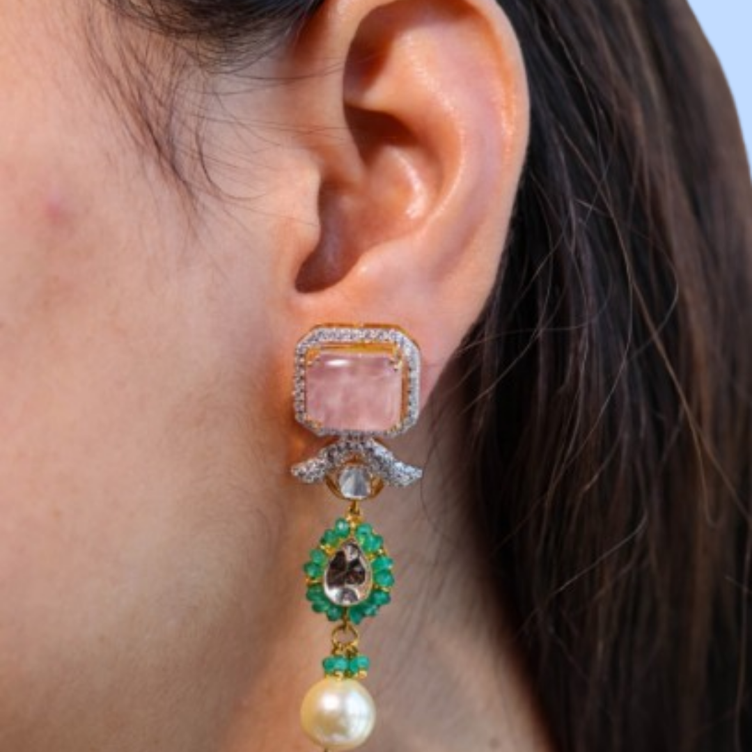 Emerald Pearl Polki Diamond Earrings