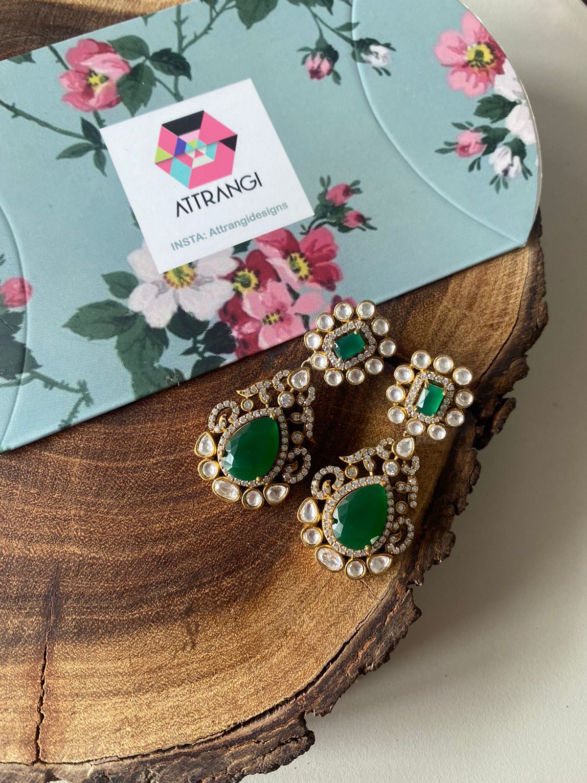 Devanshi Polki Emerald Antique Gold Earrings