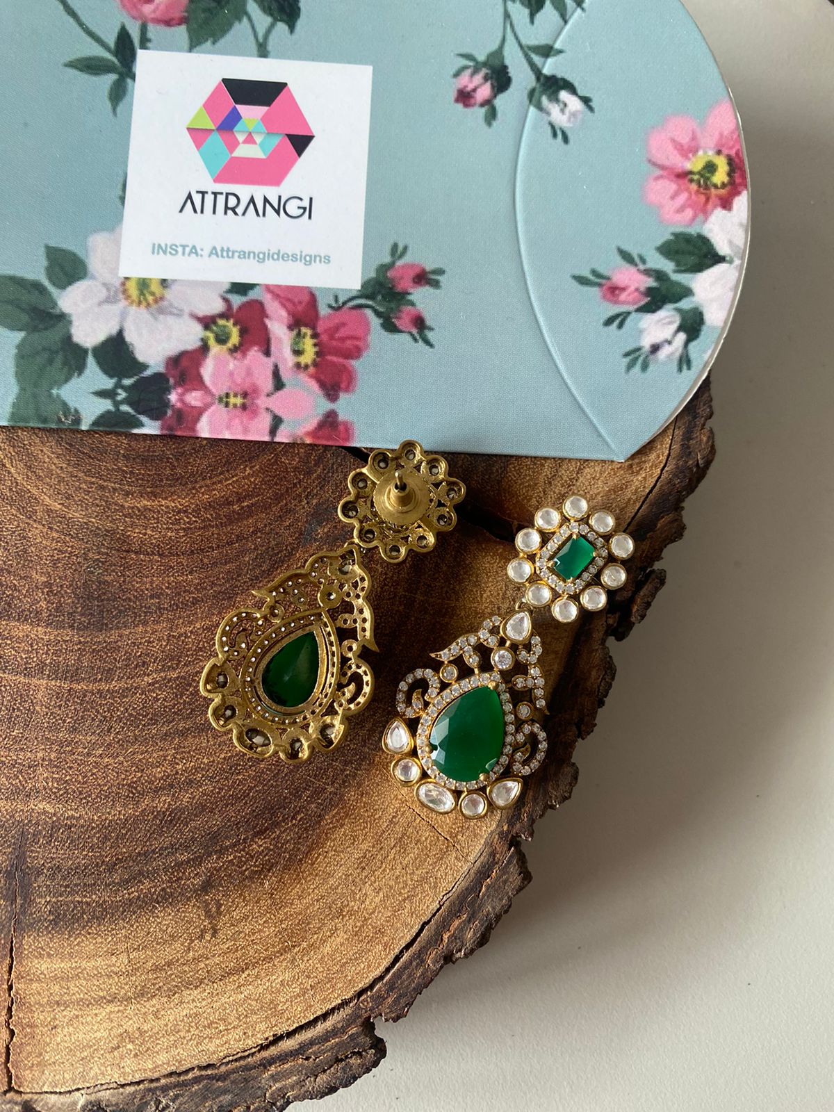 Devanshi Polki Emerald Antique Gold Earrings