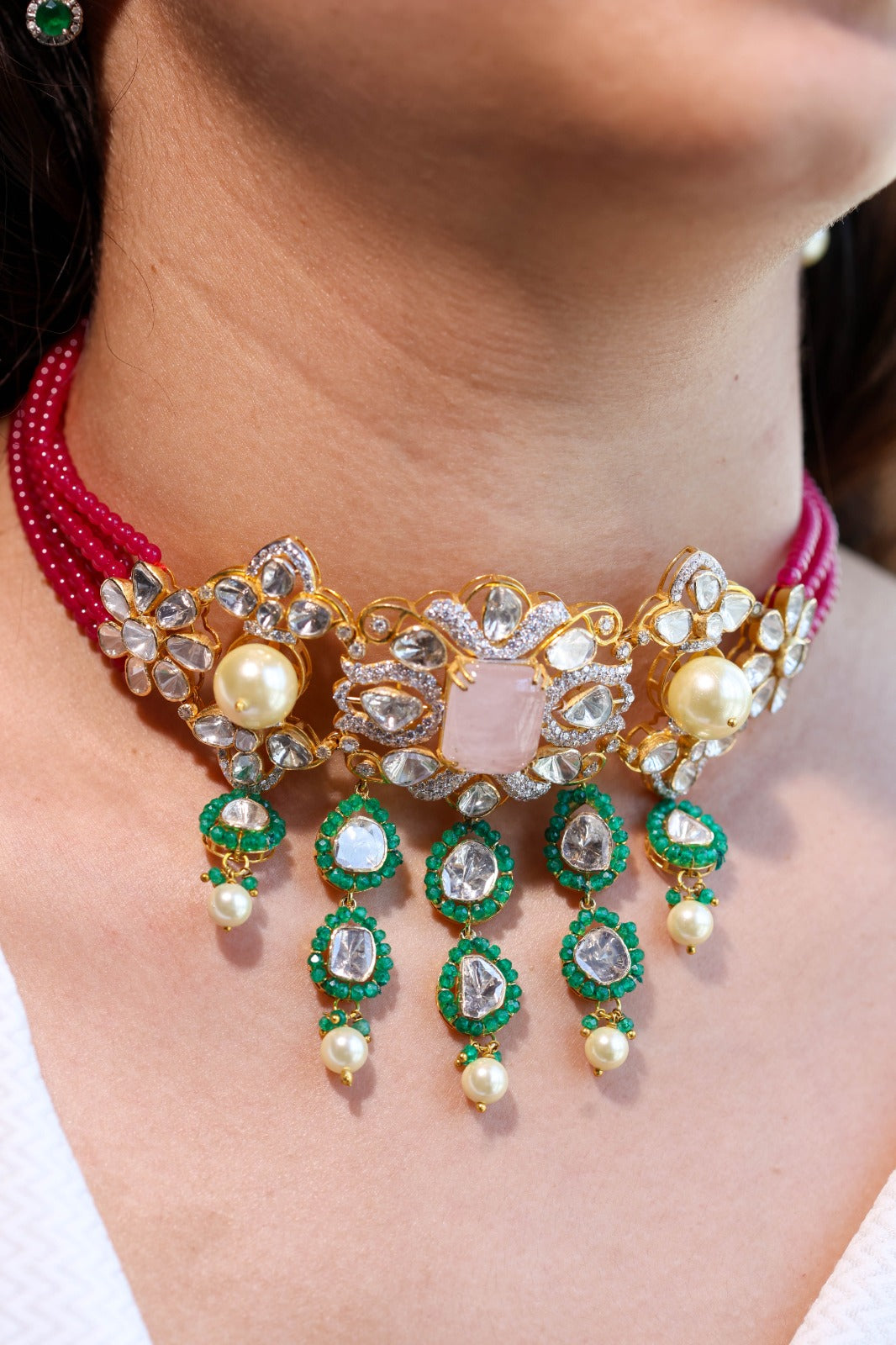 Elegant Polki Diamond & Pearl Drop Necklace