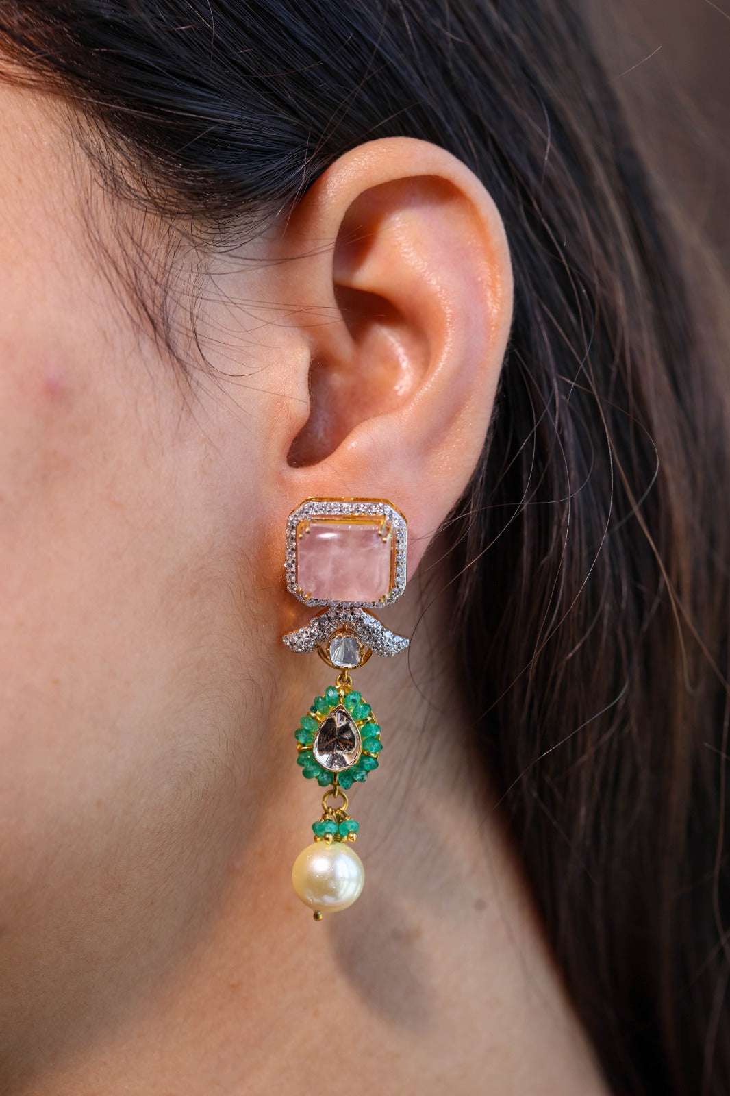 Emerald Pearl Polki Diamond Earrings